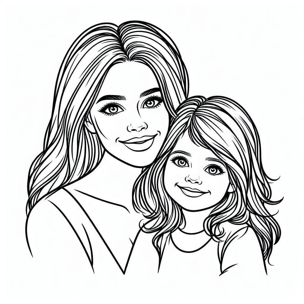 Desenho De Imagem De mãe e Filha Para Colorir
