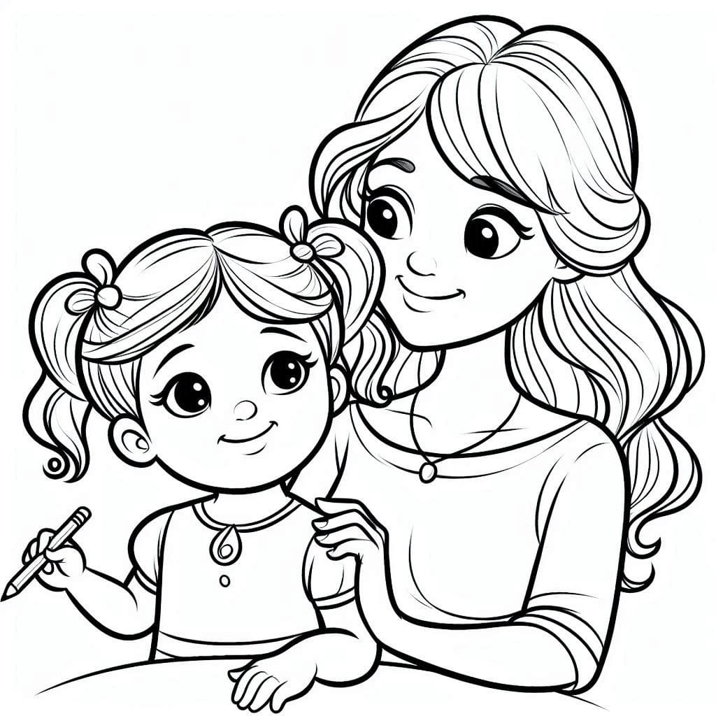 Desenho De mãe e Filha adoráveis Para Colorir