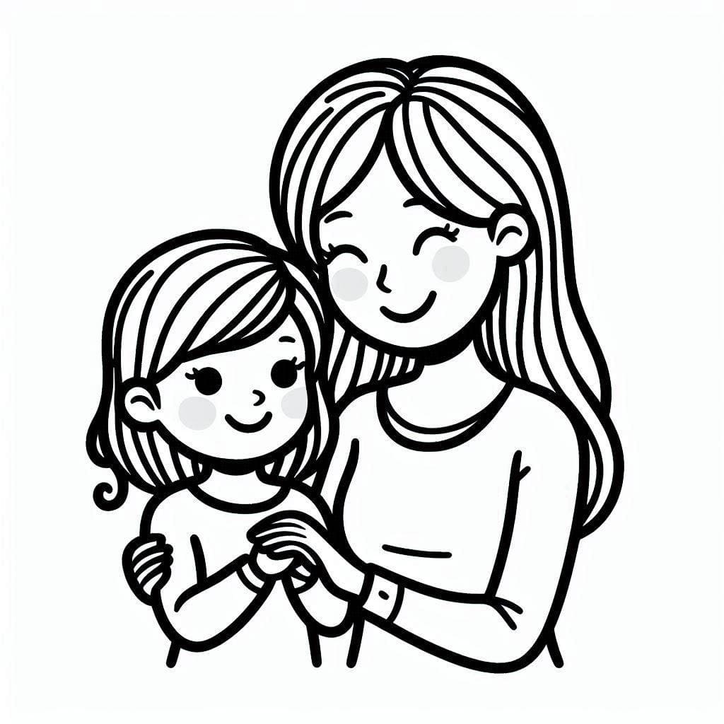 Desenho De mãe e Filha estão Alegres Para Colorir