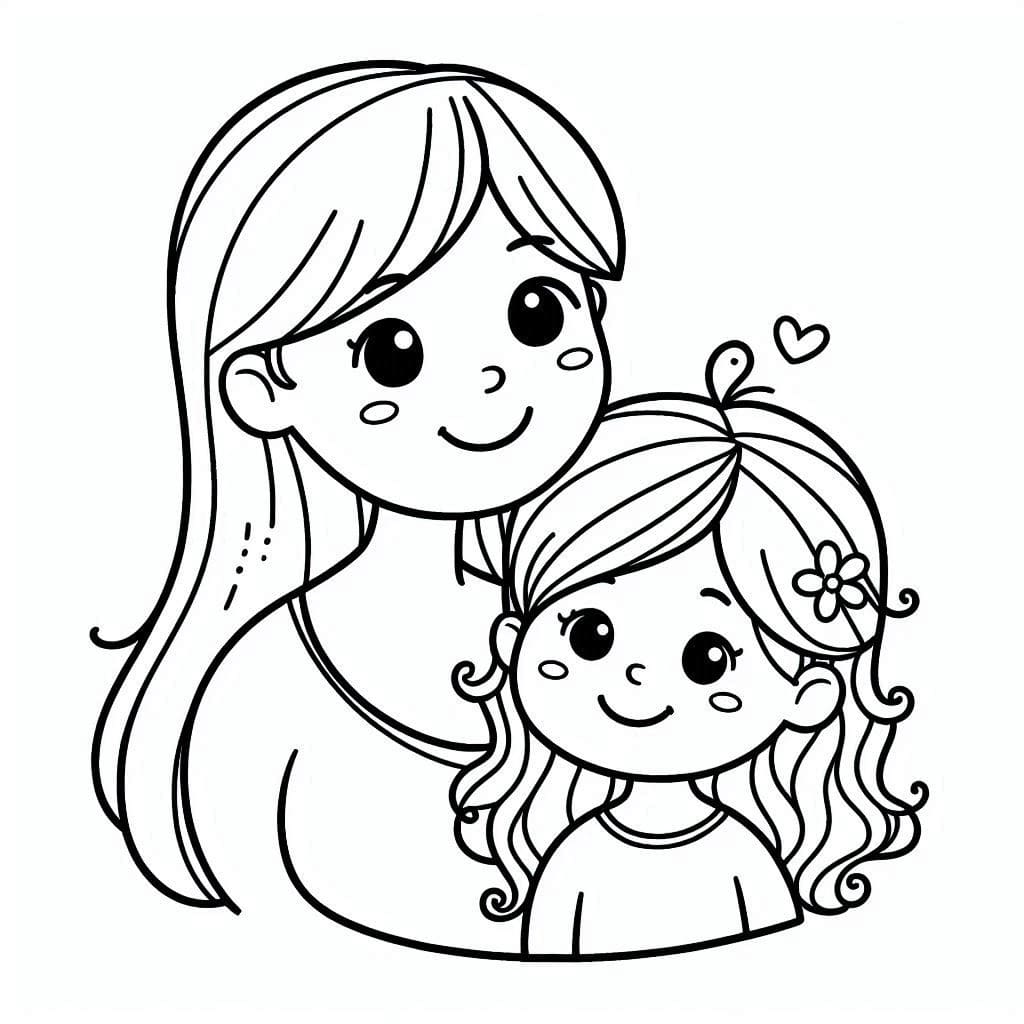 Desenho De mãe e Filha estão Felizes Para Colorir