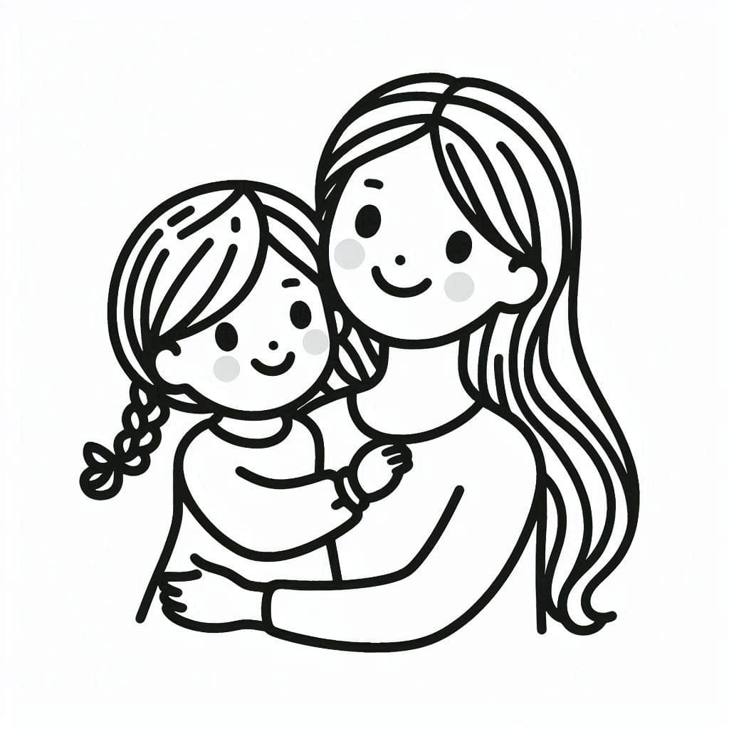 Desenho De mãe e Filha estão Sorrindo Para Colorir