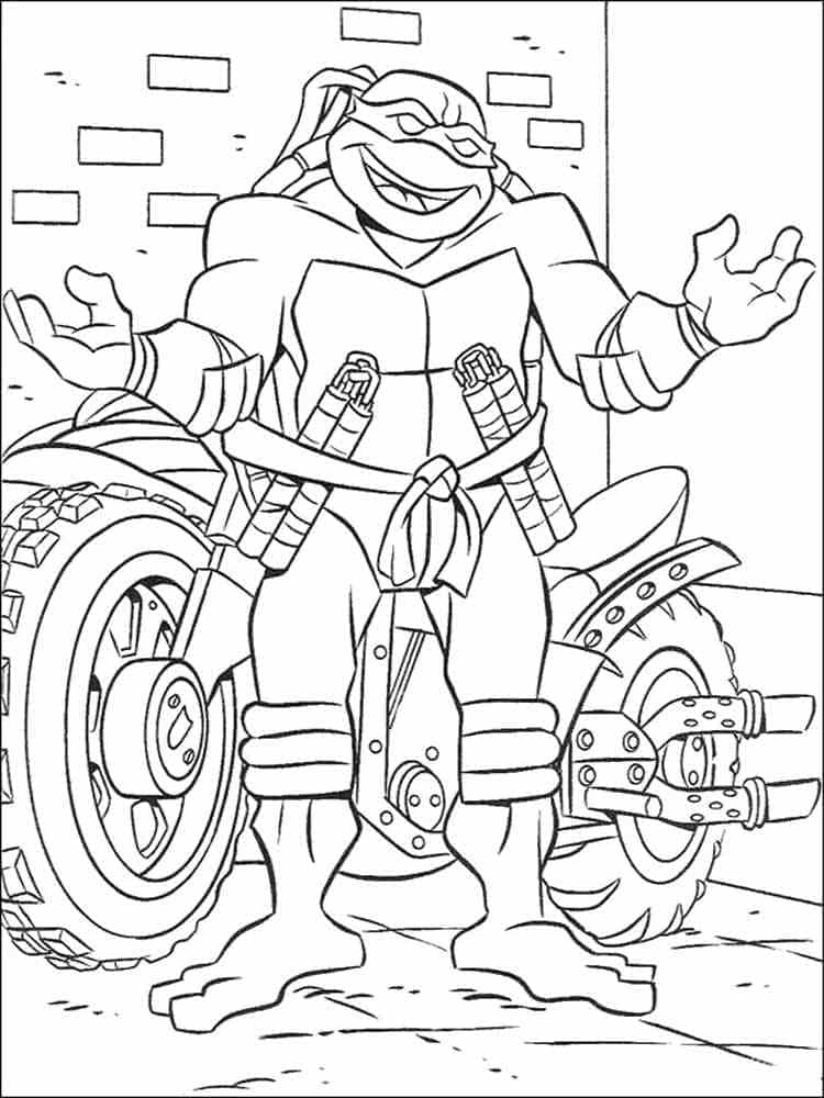 Desenho De Michelangelo Tartarugas Ninjas e Moto Para Colorir