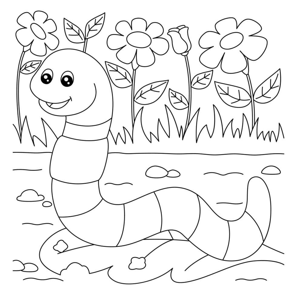 Desenho adorável Minhoca Passeando No Jardim Para Colorir
