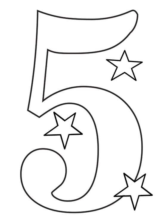 Desenho De número 5 e Estrelas Para Colorir