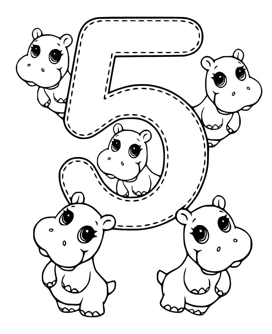 Desenho De número 5 e hipopótamos Para Colorir