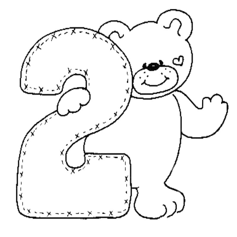 Desenho De número 2 e Ursinho Para Colorir