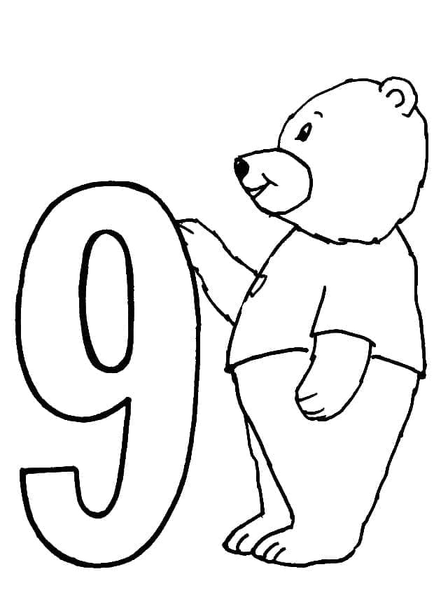 Desenho De Urso e número 9 Para Colorir
