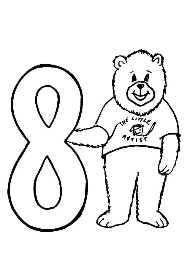 Desenho De Urso e número 8 Para Colorir