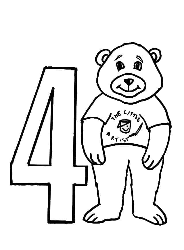 Desenho De número 4 e Urso Para Colorir