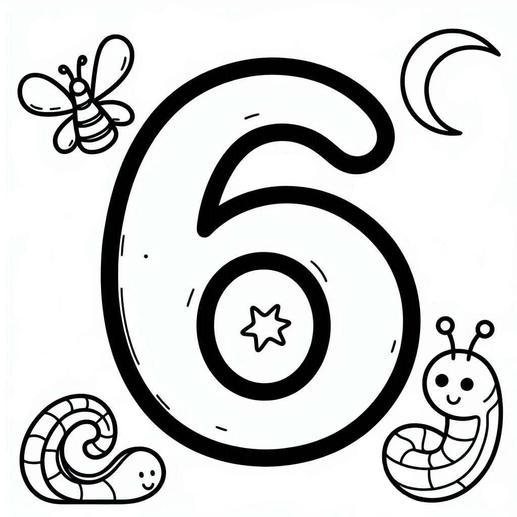 Desenho De número 6 e Insetos Para Colorir