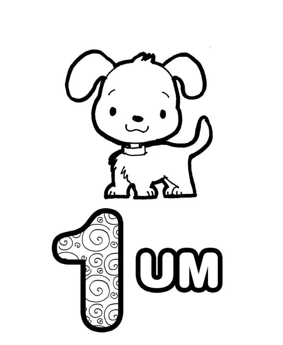 Desenho De Cachorrinho e número 1 Para Colorir