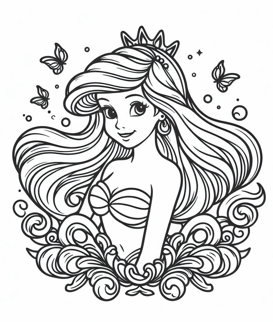 Desenho De Ariel e Borboletas Para Colorir
