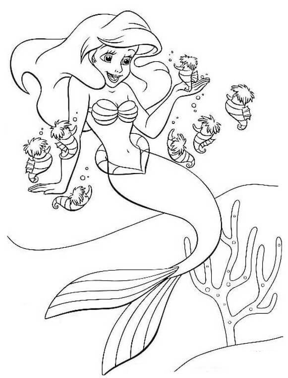 Desenho De Princesa Ariem e Cavalos Marinhos Brincando Para Colorir