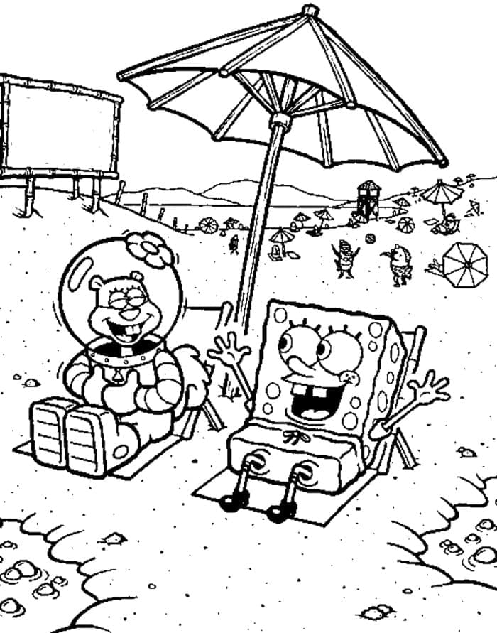 Desenho De Sandy e Bob Esponja Na Praia Para Colorir