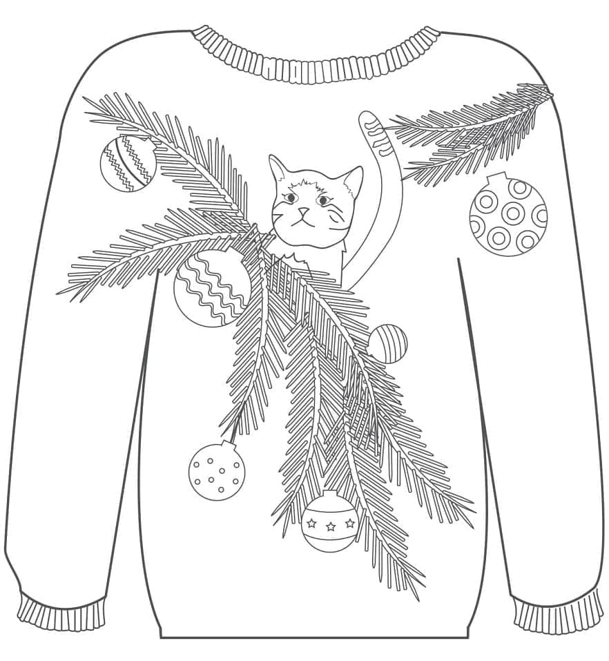 Desenho De suéter De Natal Com Gatinho Para Colorir