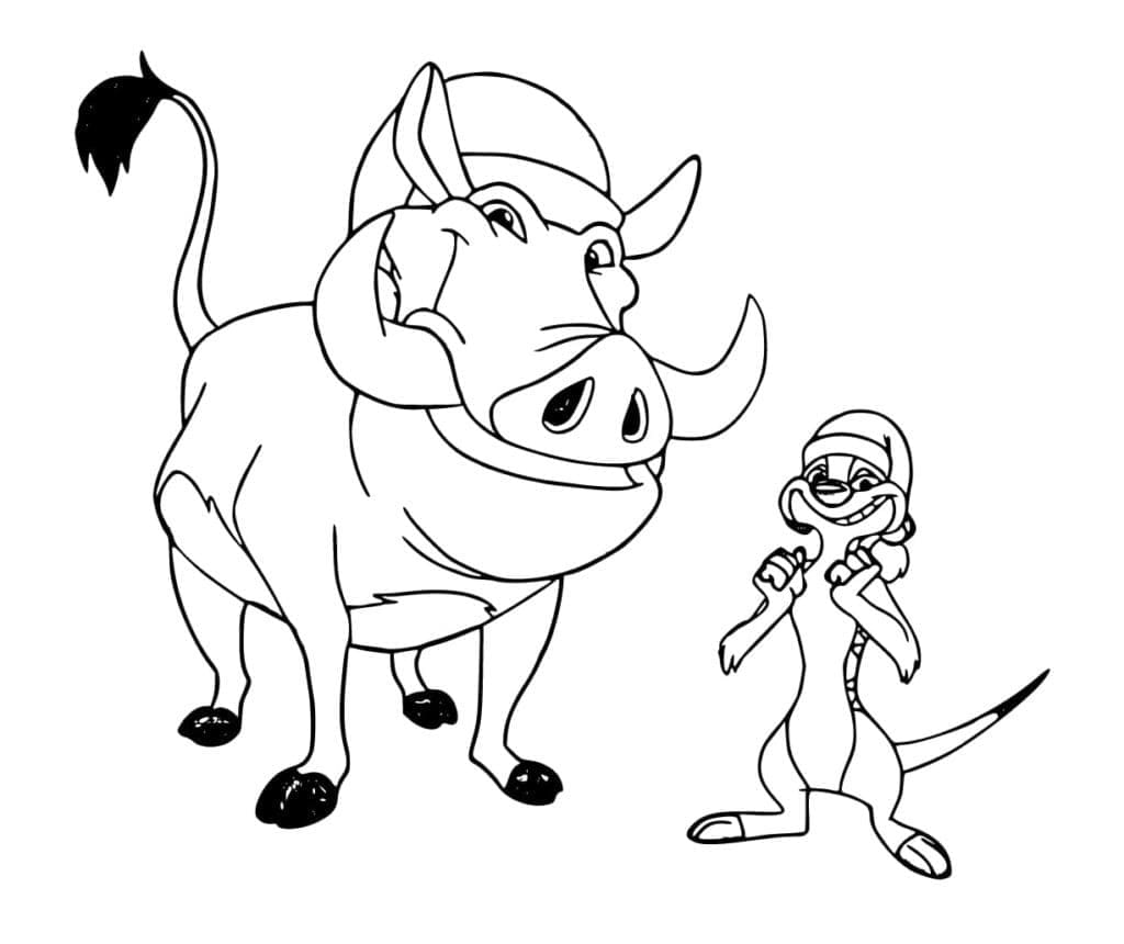 Desenho De timão e Pumba No Natal Para Colorir