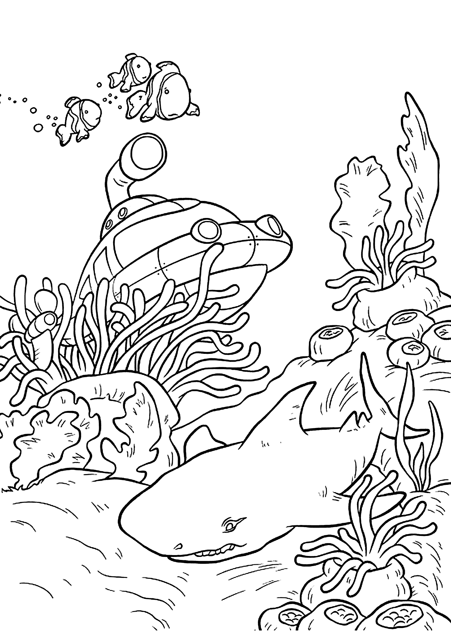 Desenho De tubarão Perto De Submarino No Fundo Do Oceano Para Colorir