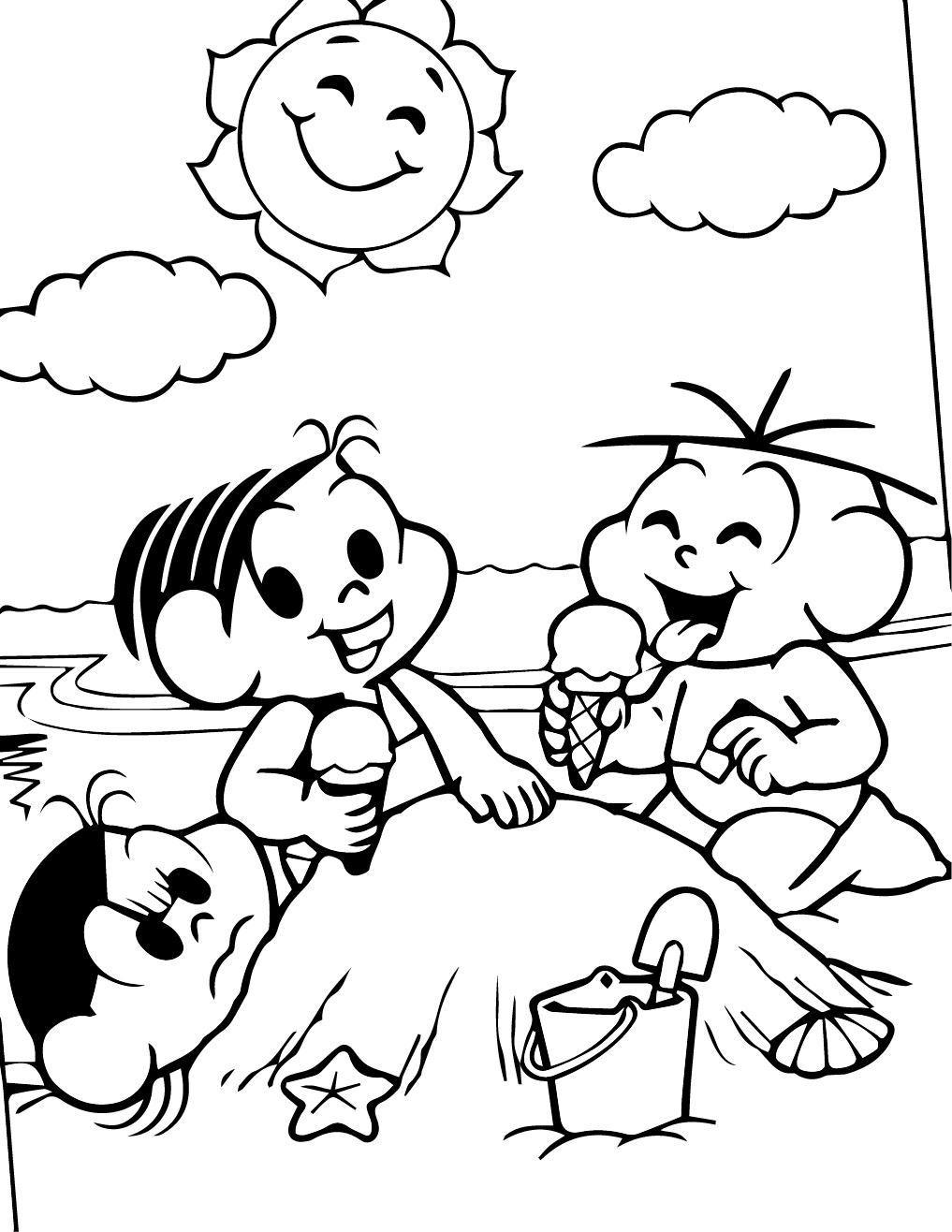 Desenhos De Monica e Amigos Na Praia Para Colorir