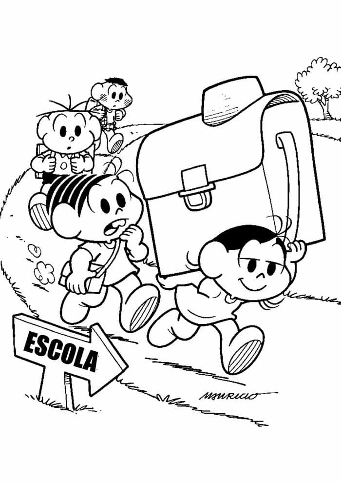 Desenho Da Turma Da Monica A Caminho Da Escola Para Colorir