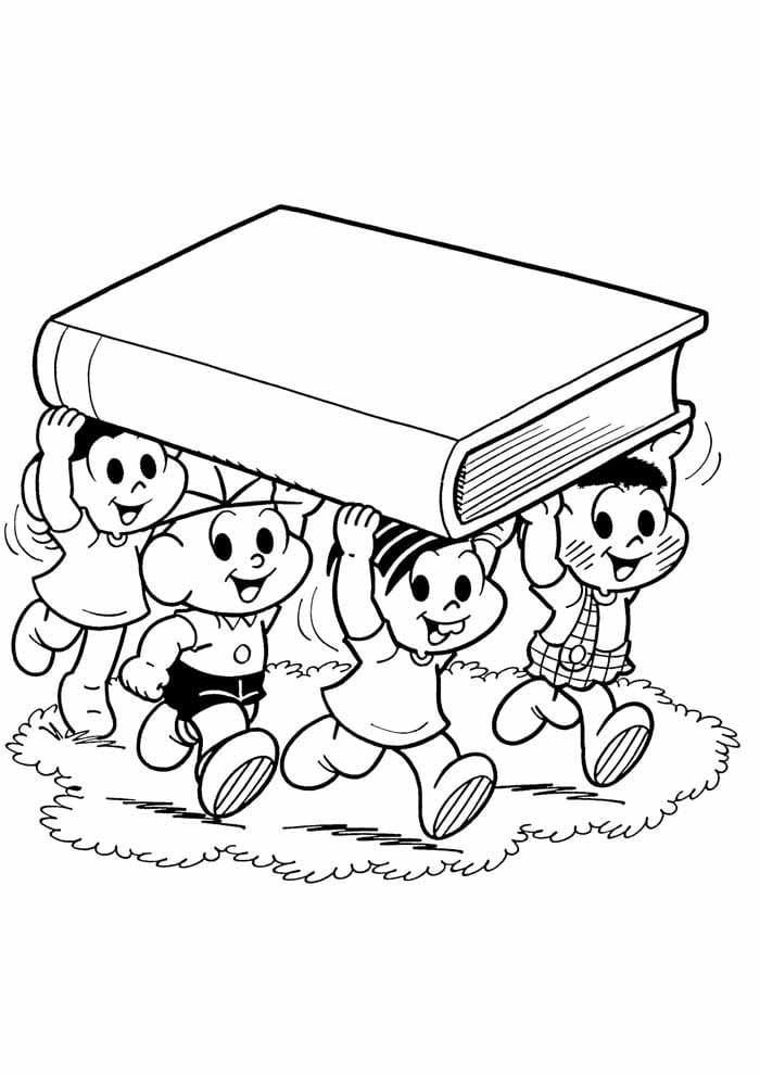 Desenho Dos Personagens De Turma Da Monica Carregando Livro Gigante Para Colorir