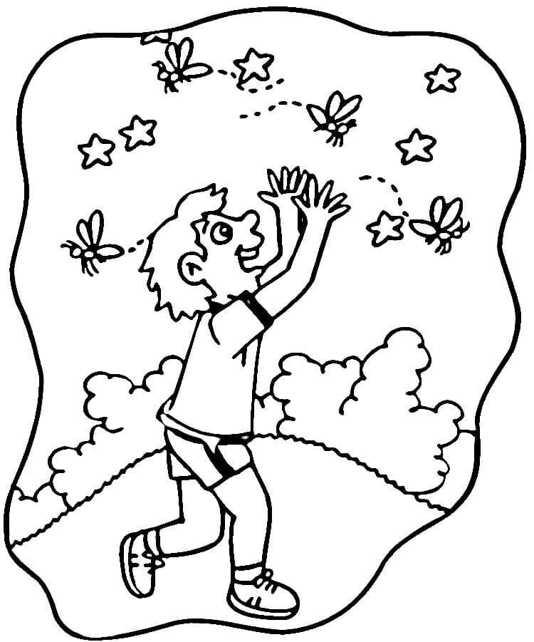 Desenho De Menino e Vagalumes Para Colorir